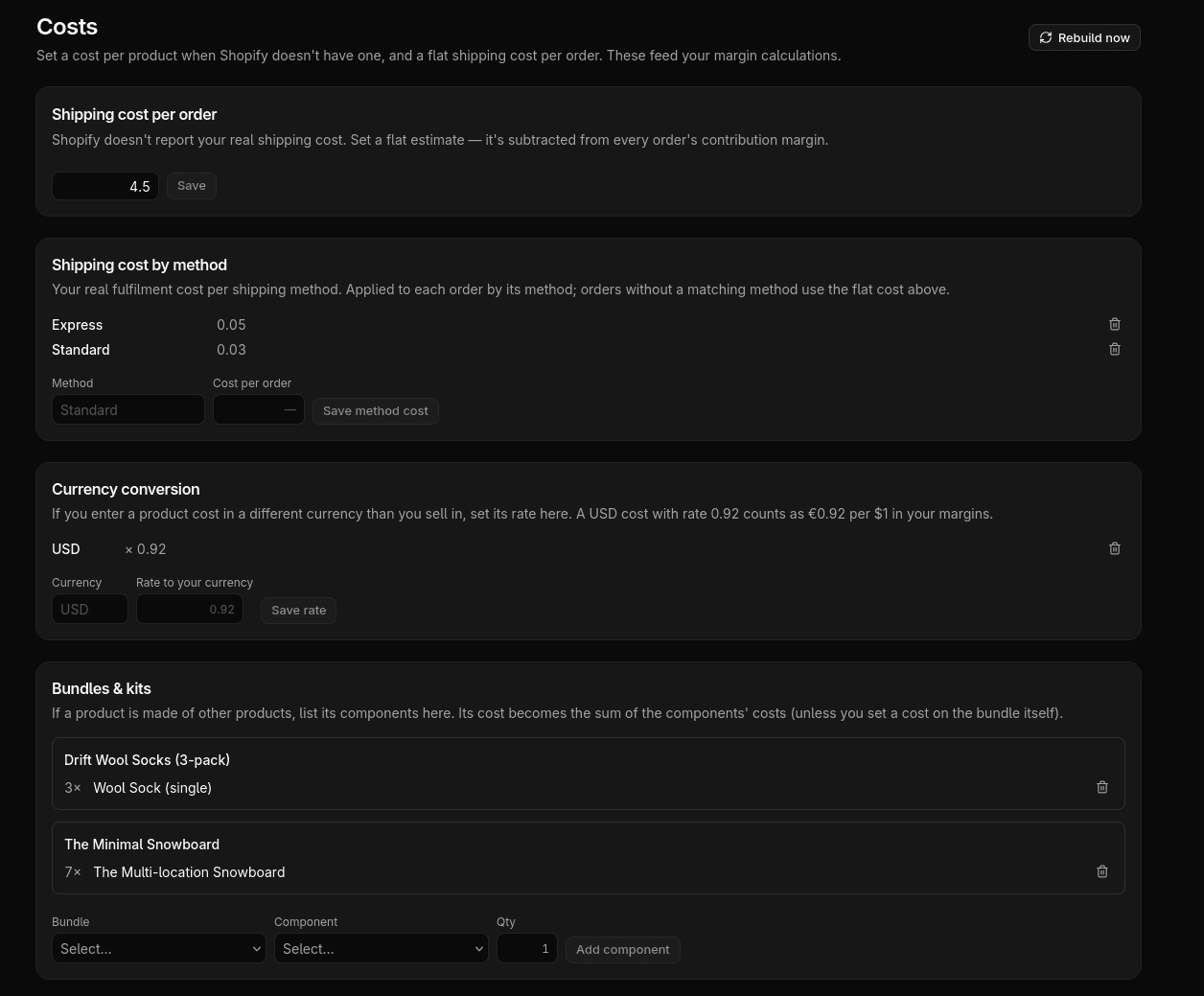 Editor de costes de producto con cobertura por variante