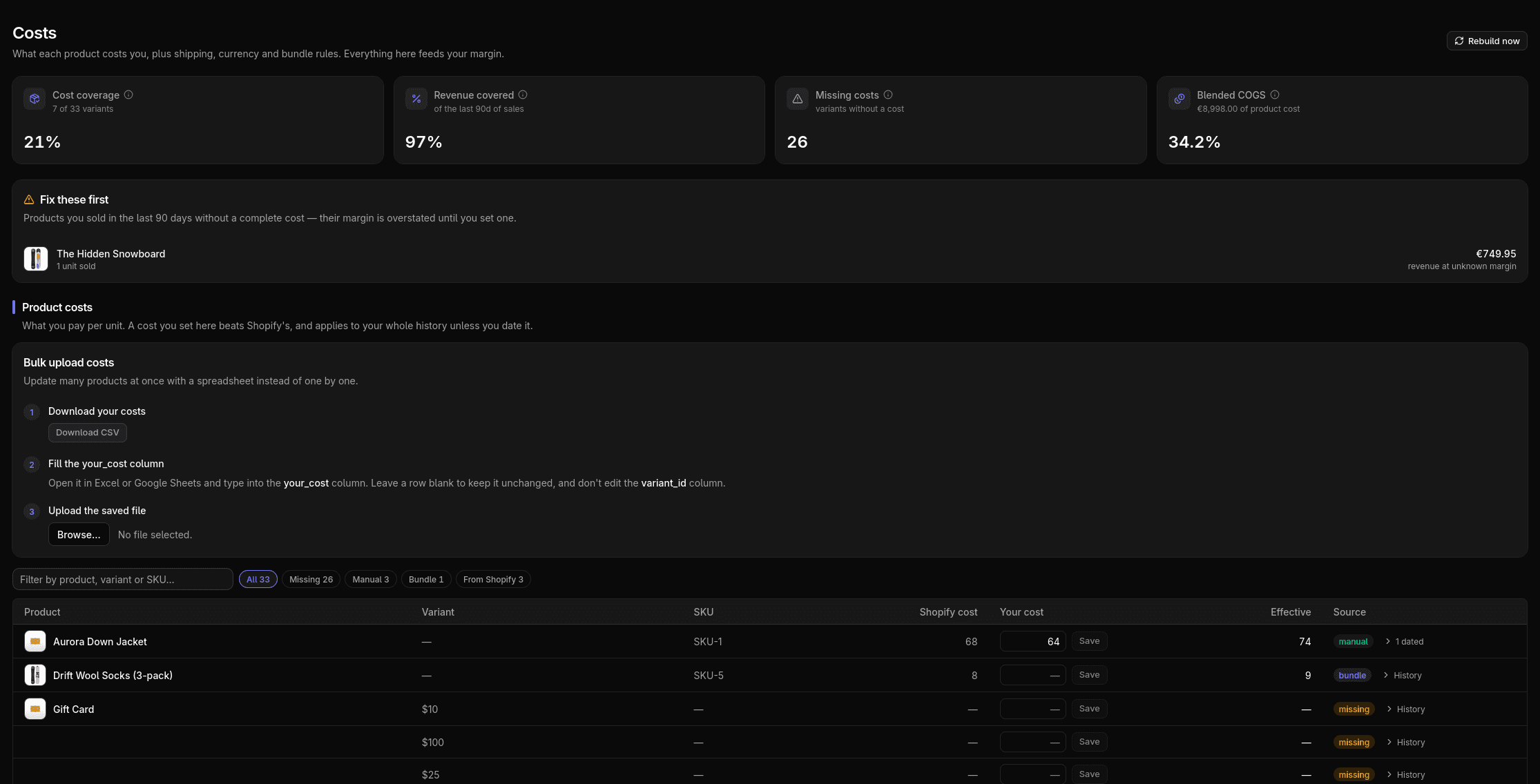 Product cost editor with coverage by variant