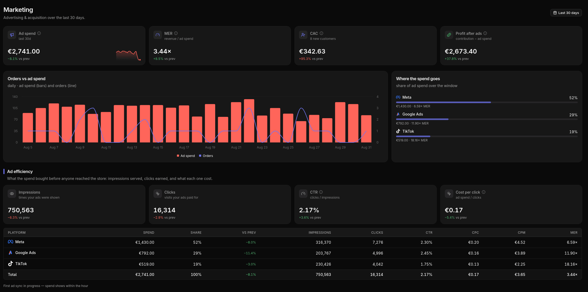 Daily profit and loss with ad spend, MER and profit after ads